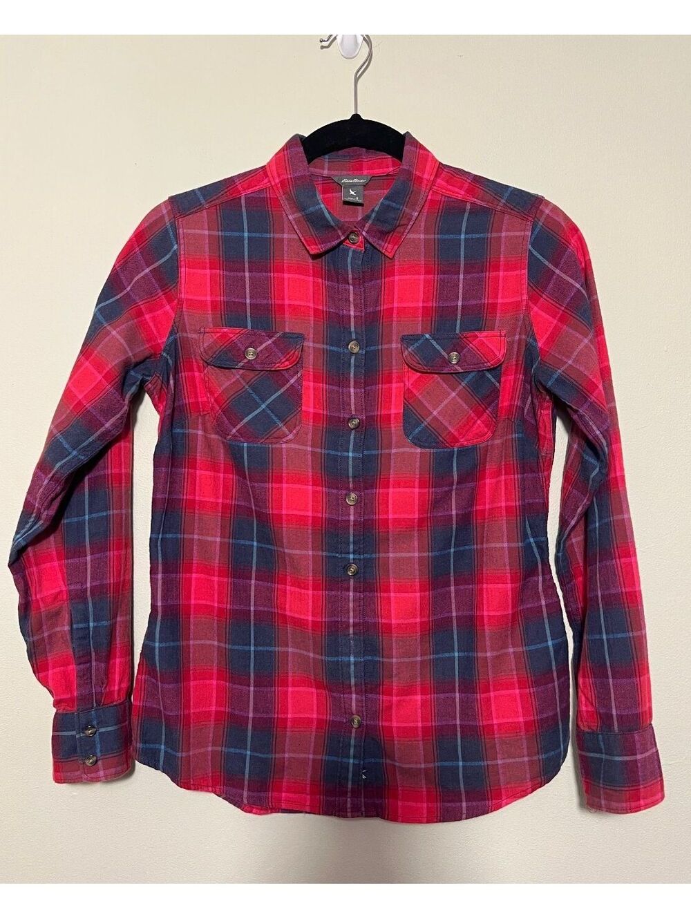 Eddie Bauer Women's Red and Navy Plaid Button-Up Shirt Size S